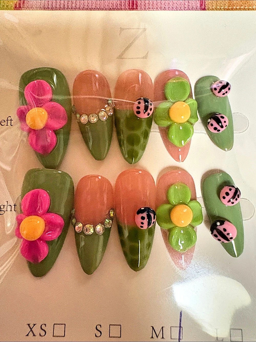 Green & Pink 3D Ladybug Floral Almond Press-On Nails